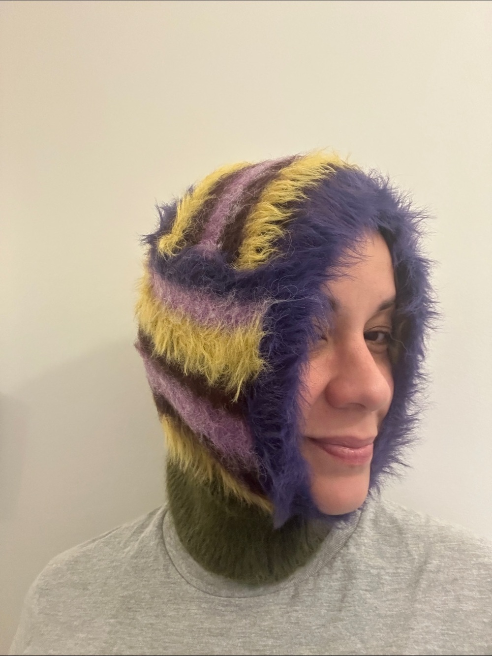 Fuzzy Striped Hooded Balaclava - Purple, Yellow, Lavender, Olive New w/o Tag